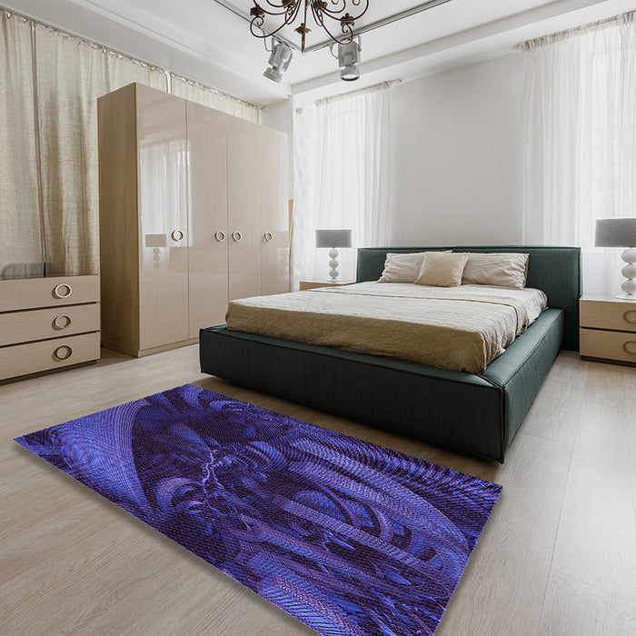 Patterned Midnight Blue Rug in a Bedroom, pat1357pur