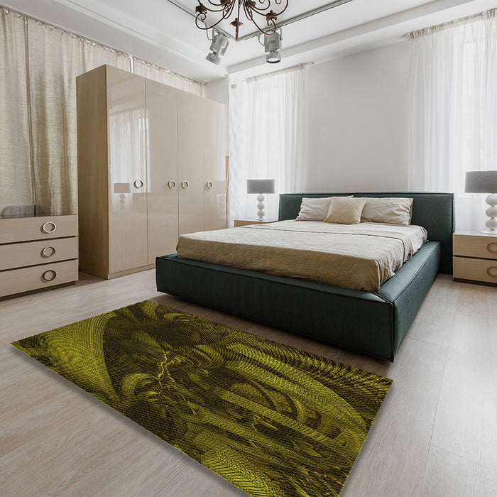 Patterned Black Brown Rug in a Bedroom, pat1357yw