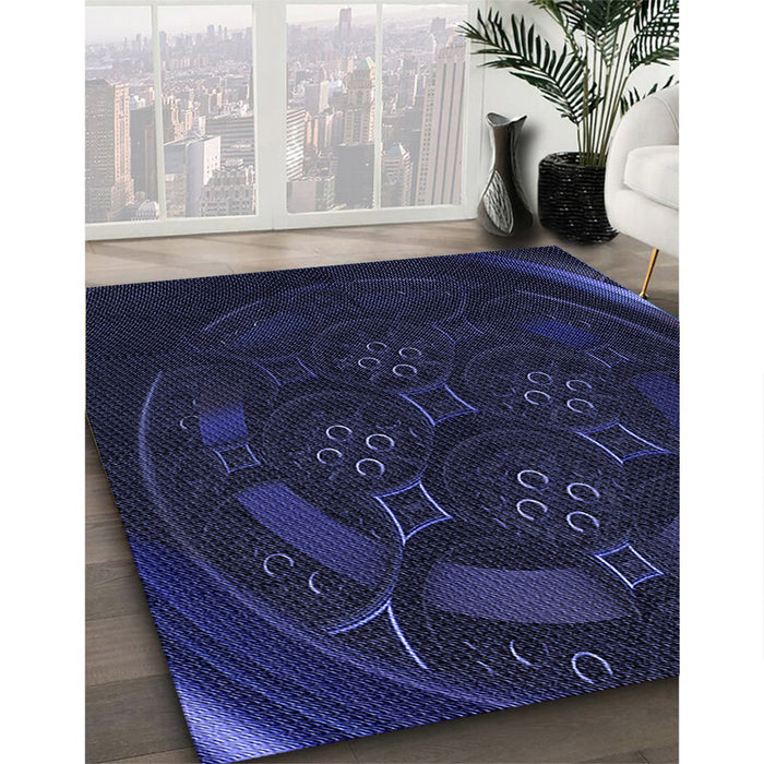 Patterned Night Blue Rug in Family Room, pat1359blu