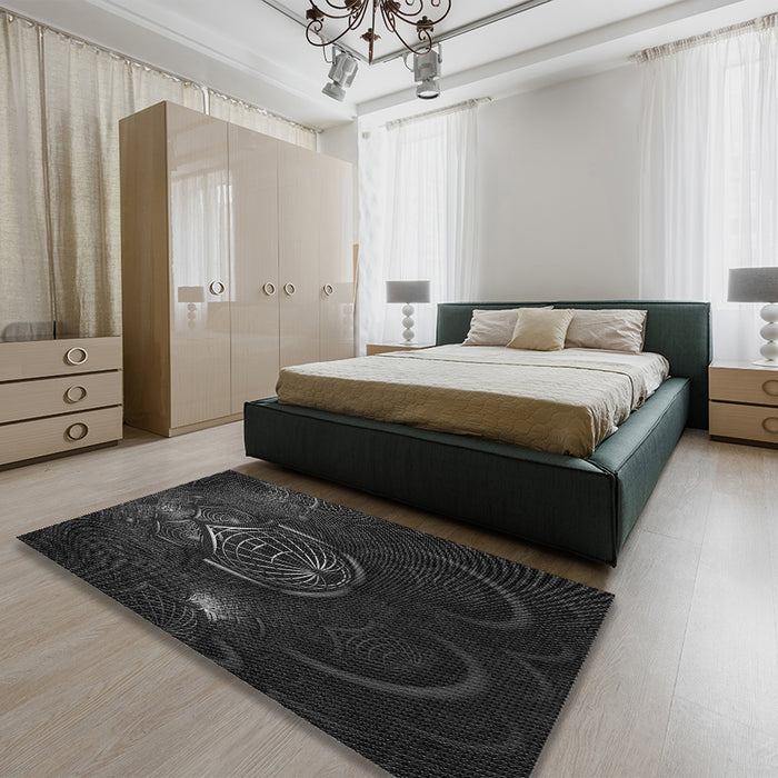 Round Machine Washable Transitional Midnight Gray Rug in a Office, wshpat1360gry