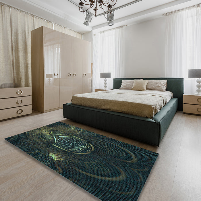 Patterned Midnight Gray Rug in a Bedroom, pat1360lblu