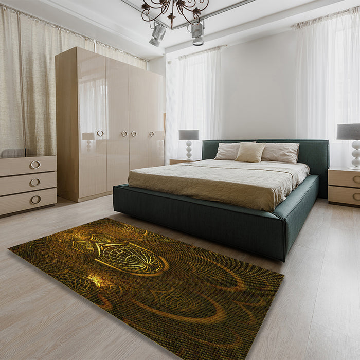 Patterned Dark Bronze Brown Rug in a Bedroom, pat1360yw