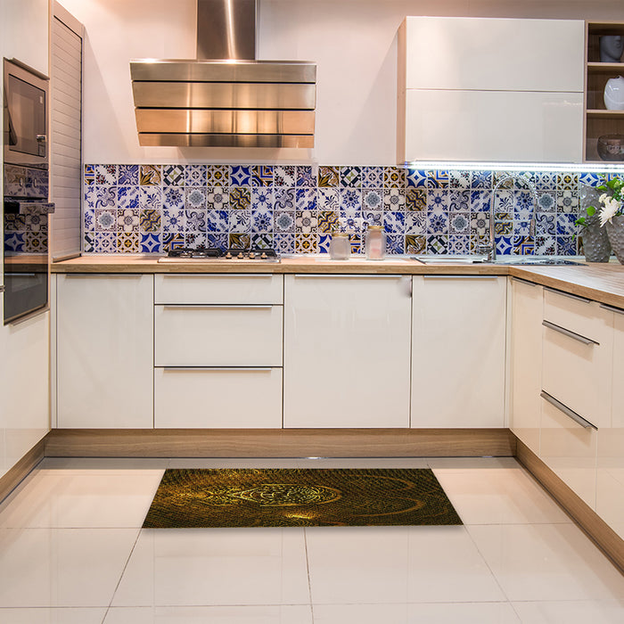 Patterned Dark Bronze Brown Rug in a Kitchen, pat1360yw