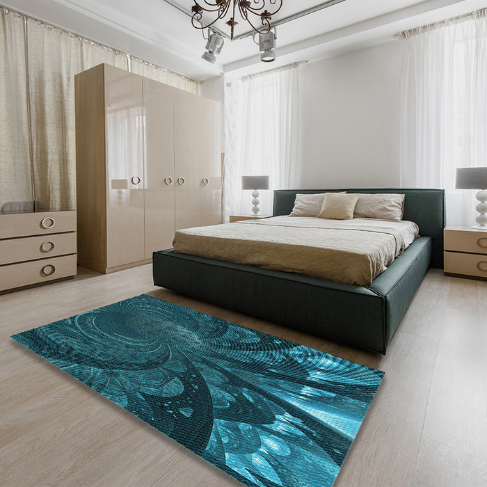 Patterned Deep-Sea Blue Rug in a Bedroom, pat1361lblu