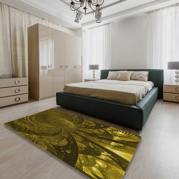 Patterned Dark Yellow Green Rug in a Bedroom, pat1361yw