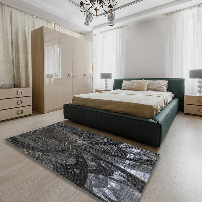Patterned Mid Gray Novelty Rug in a Bedroom, pat1361