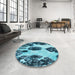 Round Patterned Blue Rug in a Office, pat1363lblu