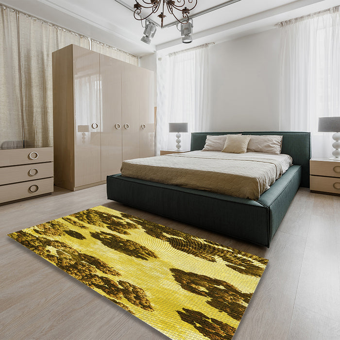 Patterned Bright Gold Yellow Rug in a Bedroom, pat1363yw