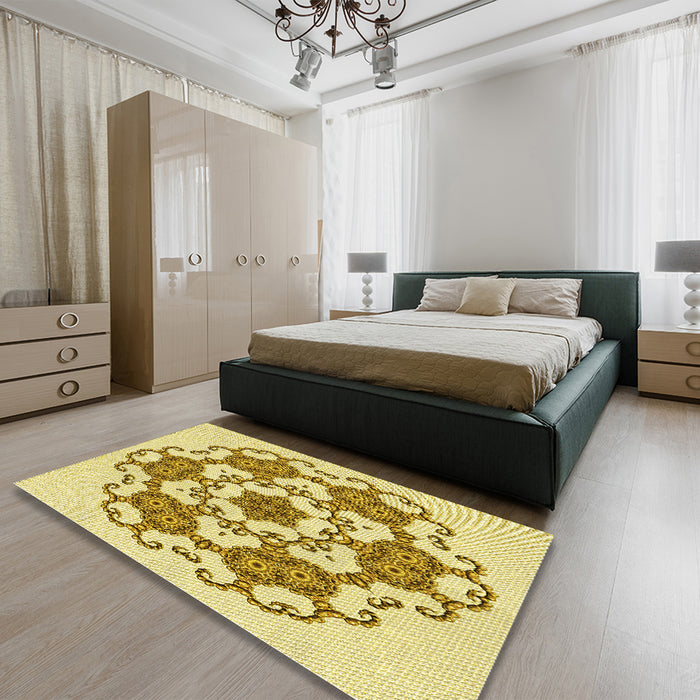Patterned Dark Golden Brown Rug in a Bedroom, pat1365yw