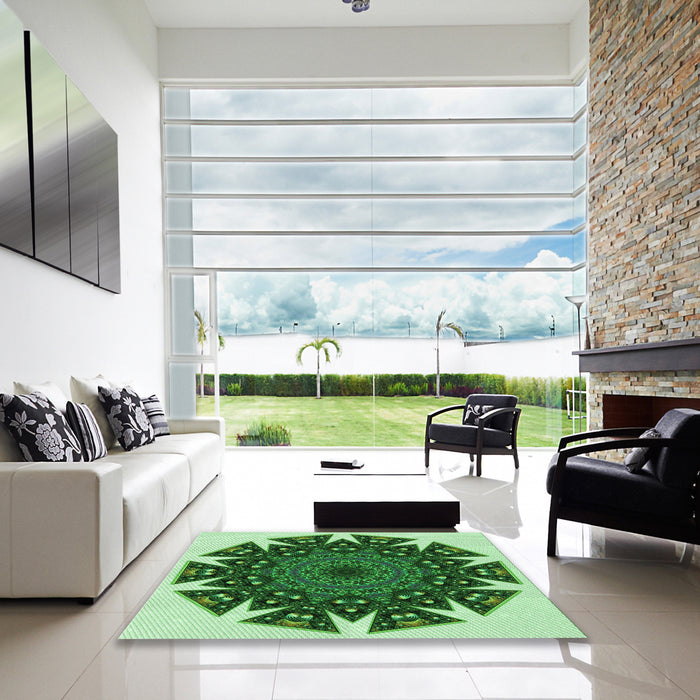 Square Patterned Deep Emerald Green Rug in a Living Room, pat1367grn