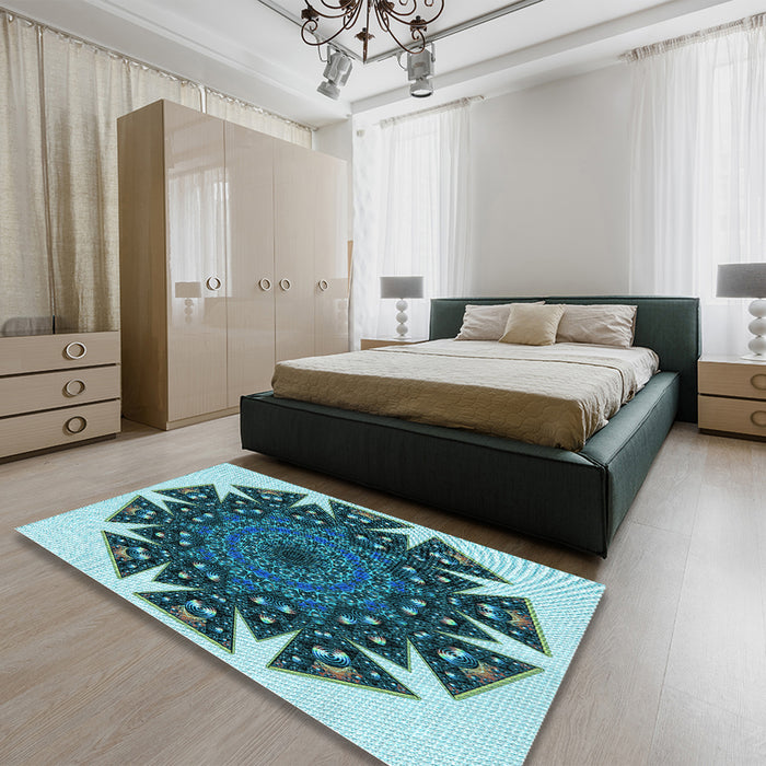 Patterned Medium Teal Green Rug in a Bedroom, pat1367lblu
