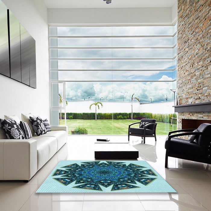 Square Patterned Medium Teal Green Rug in a Living Room, pat1367lblu