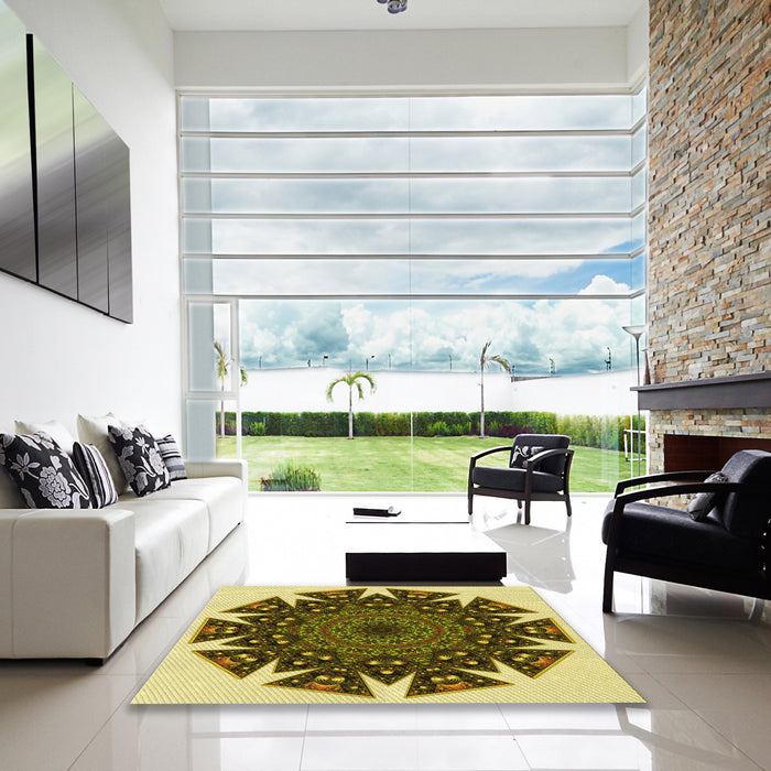 Square Patterned Chrome Gold Yellow Rug in a Living Room, pat1367yw