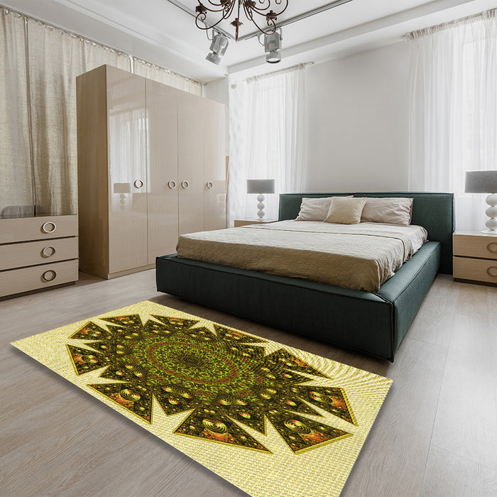 Patterned Chrome Gold Yellow Rug in a Bedroom, pat1367yw