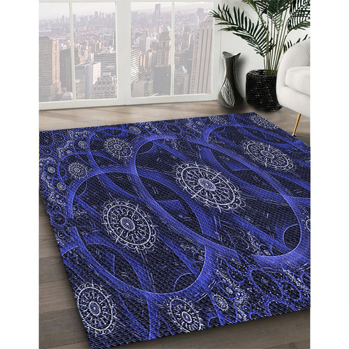 Patterned Night Blue Rug in Family Room, pat1370blu