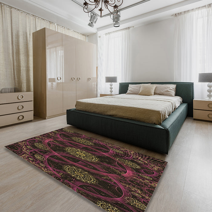 Patterned Chocolate Brown Rug in a Bedroom, pat1370brn
