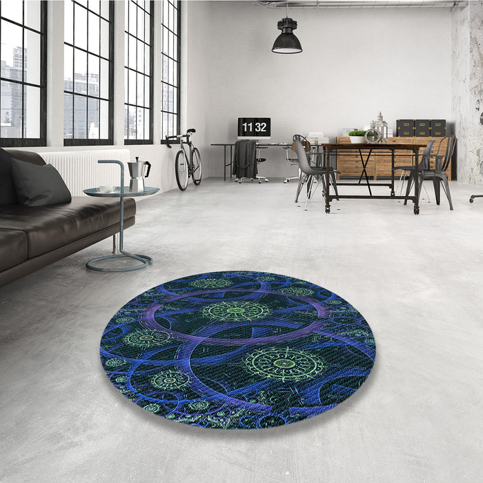 Round Patterned Blue Rug in a Office, pat1370lblu