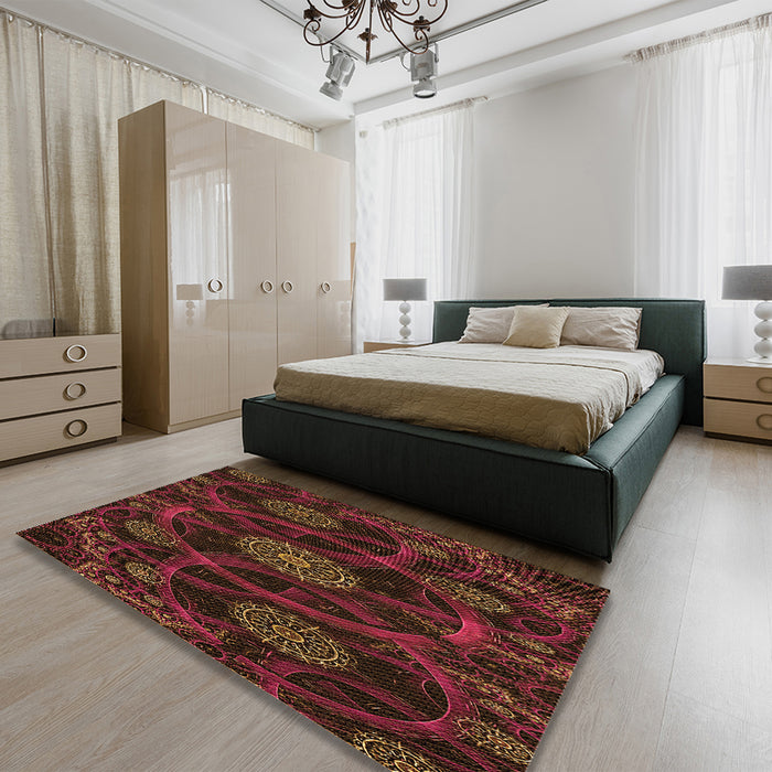 Patterned Saddle Brown Rug in a Bedroom, pat1370org