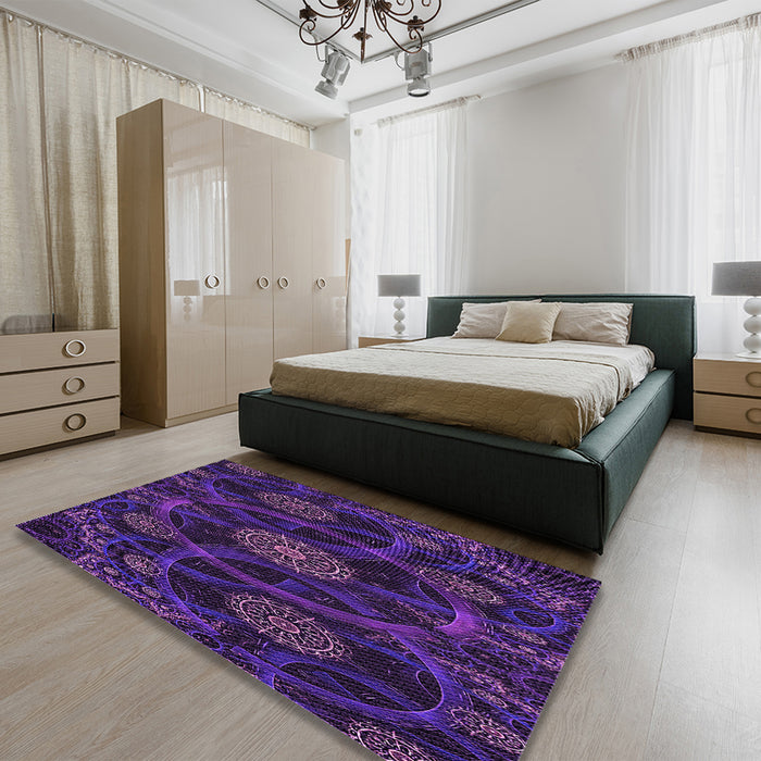 Patterned Midnight Blue Rug in a Bedroom, pat1370pur