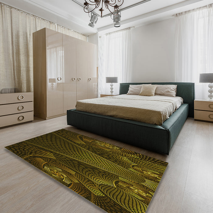 Patterned Dark Yellow Green Rug in a Bedroom, pat1371yw
