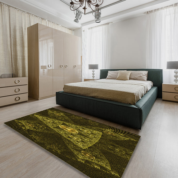 Patterned Dark Yellow Green Rug in a Bedroom, pat1373yw