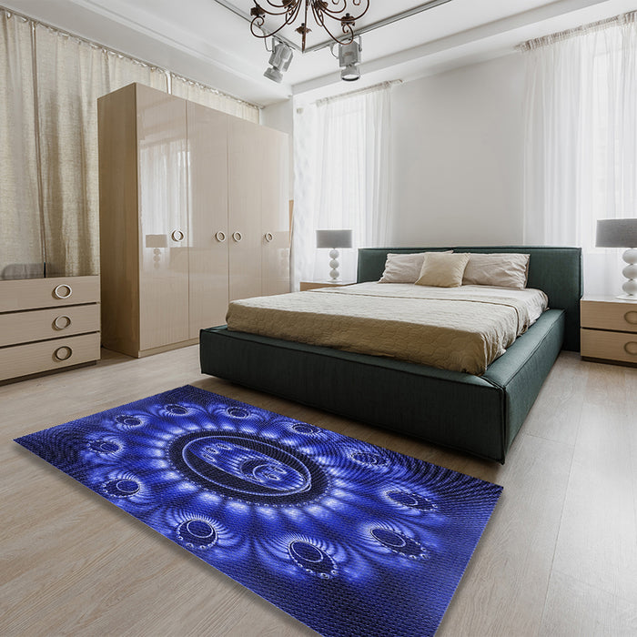 Patterned Denim Dark Blue Rug in a Bedroom, pat1374blu