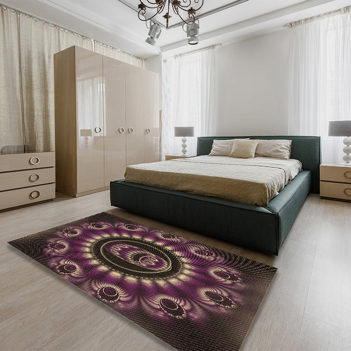 Patterned Purple Lily Purple Rug in a Bedroom, pat1374brn