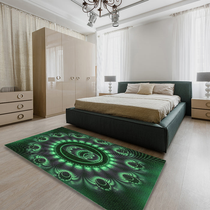 Patterned Dark Forest Green Rug in a Bedroom, pat1374grn
