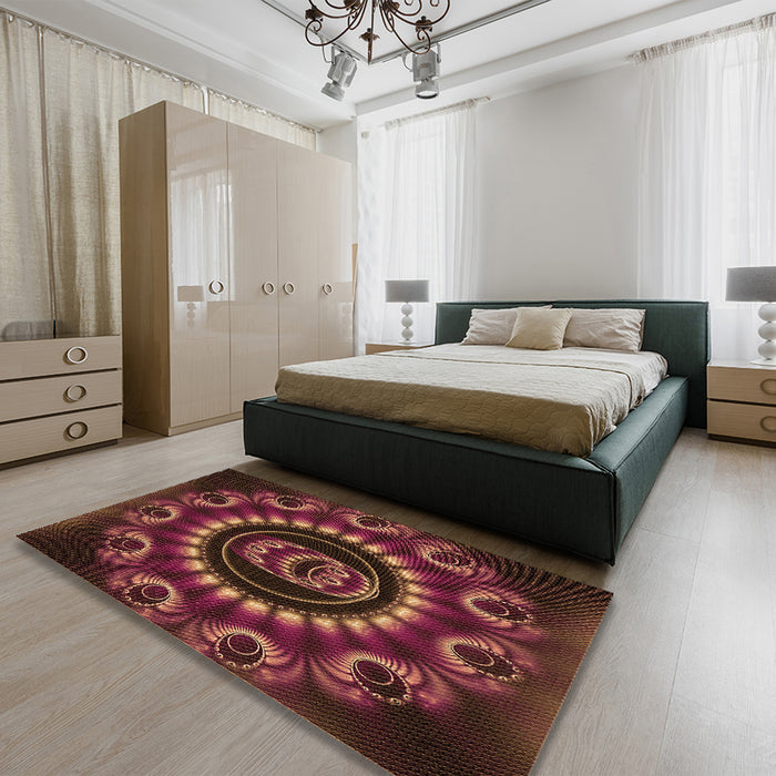 Round Machine Washable Transitional Chestnut Red Rug in a Office, wshpat1374org