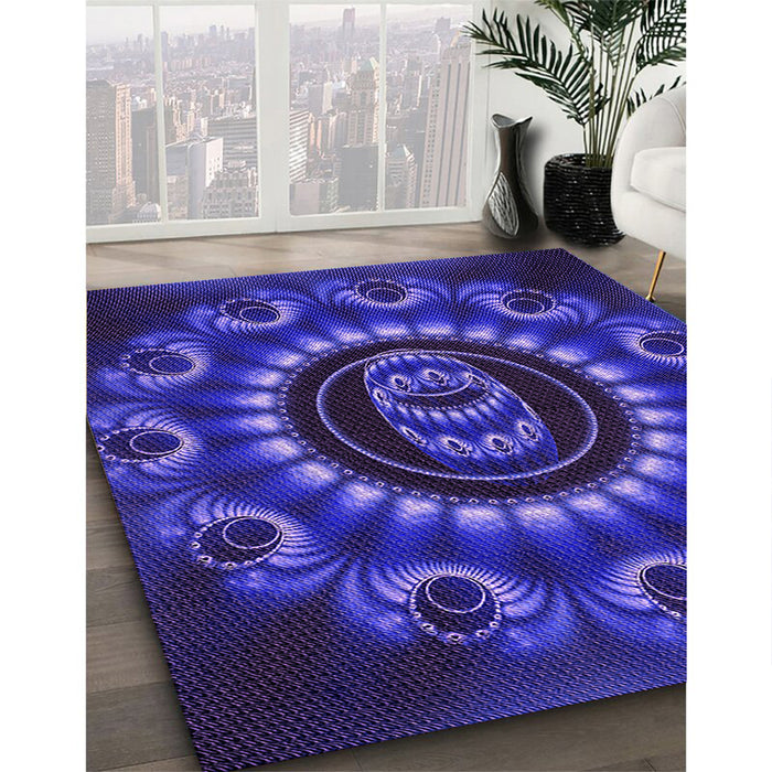 Patterned Earth Blue Rug in Family Room, pat1374pur