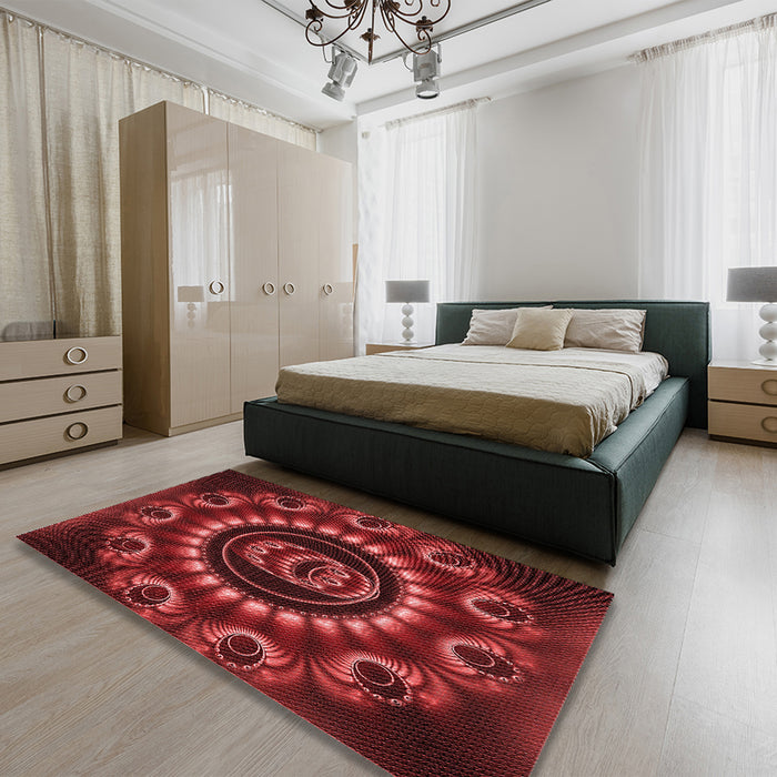 Patterned Crimson Red Rug in a Bedroom, pat1374rd