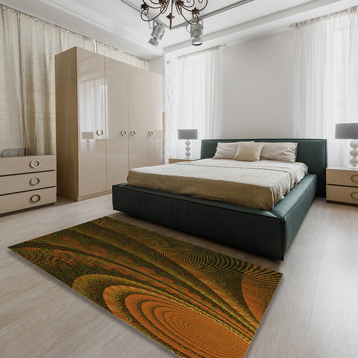 Patterned Dark Bronze Brown Rug in a Bedroom, pat1375yw