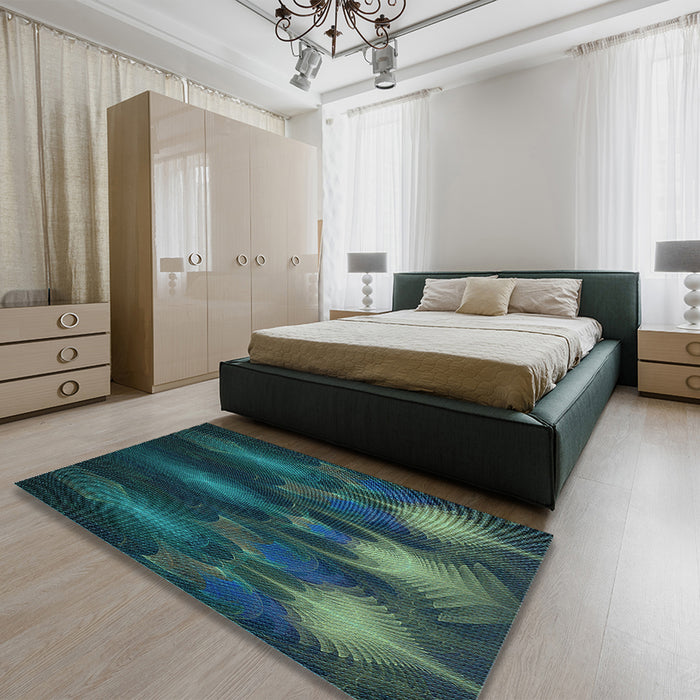 Patterned Aquamarine Stone Green Rug in a Bedroom, pat1377lblu