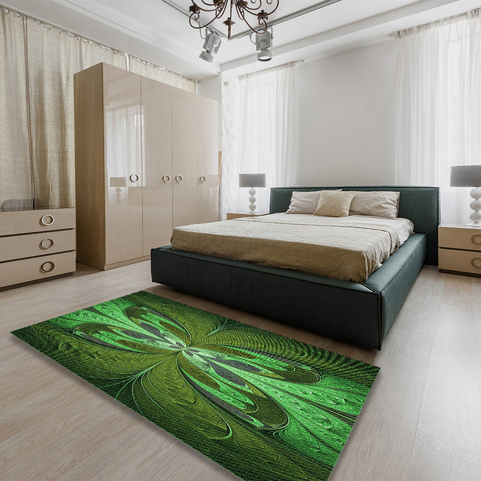 Patterned Dark Forest Green Rug in a Bedroom, pat1378grn