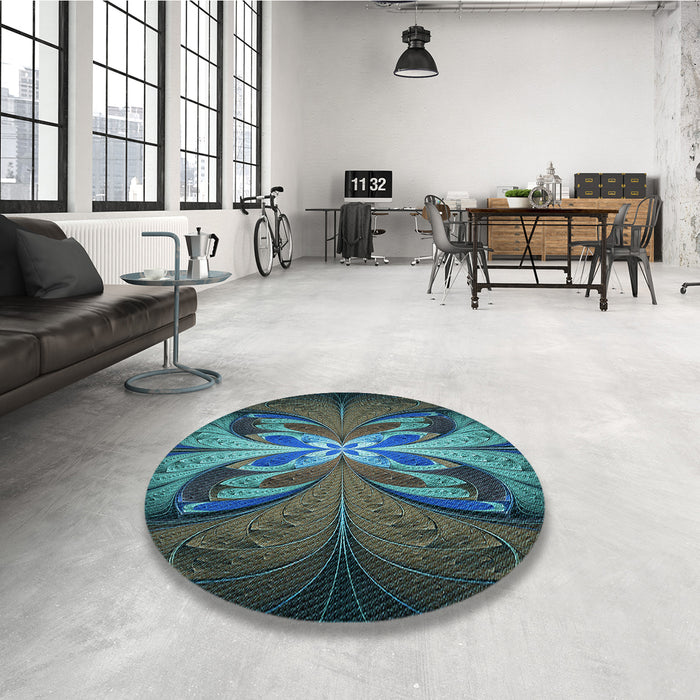 Round Patterned Deep-Sea Green Rug in a Office, pat1378lblu