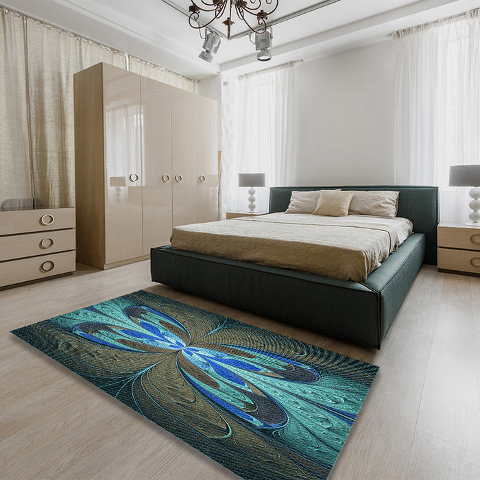Round Machine Washable Transitional Deep-Sea Green Rug in a Office, wshpat1378lblu