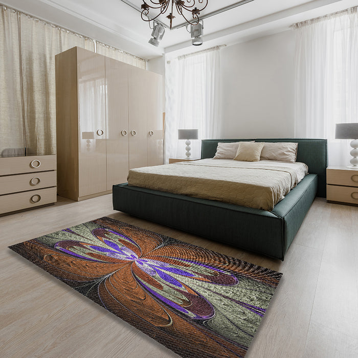 Patterned Dark Almond Brown Novelty Rug in a Bedroom, pat1378