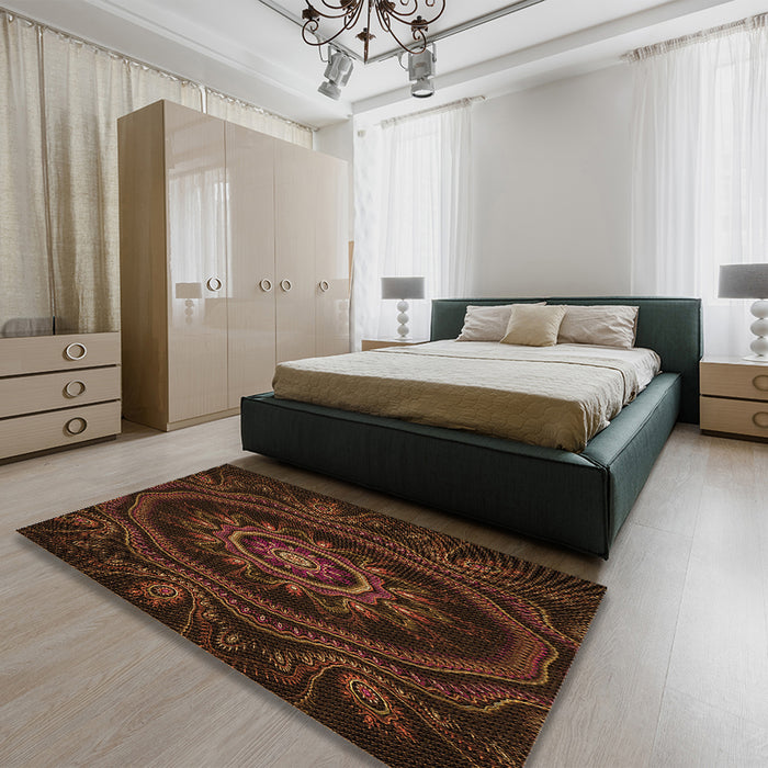 Patterned Saddle Brown Rug in a Bedroom, pat1379org