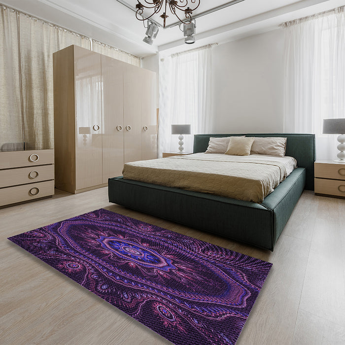 Patterned Deep Purple Rug in a Bedroom, pat1379pur