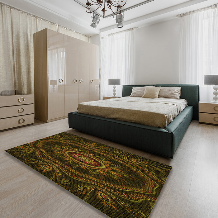 Patterned Dark Bronze Brown Rug in a Bedroom, pat1379yw