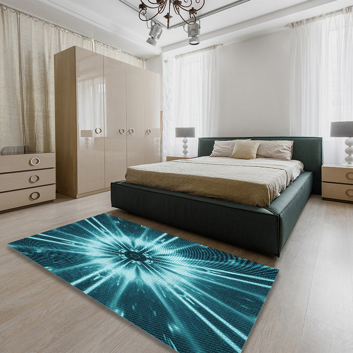 Patterned Medium Teal Green Rug in a Bedroom, pat138lblu