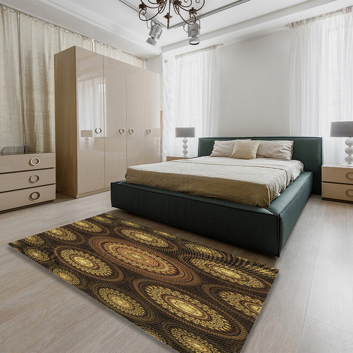 Round Machine Washable Transitional Black Brown Rug in a Office, wshpat1380brn