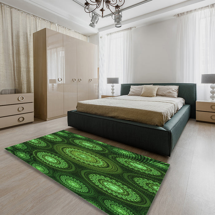 Patterned Dark Lime Green Rug in a Bedroom, pat1380grn