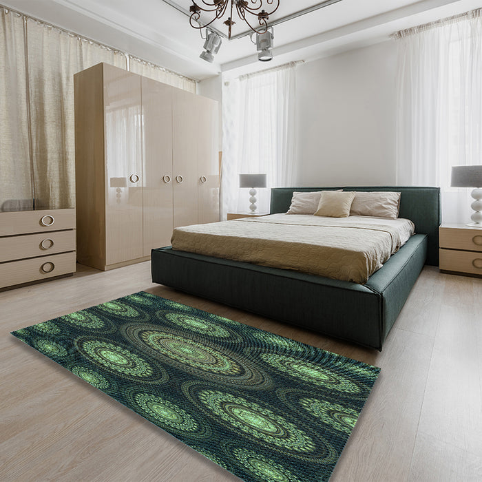 Round Machine Washable Transitional Dark Forest Green Rug in a Office, wshpat1380lblu