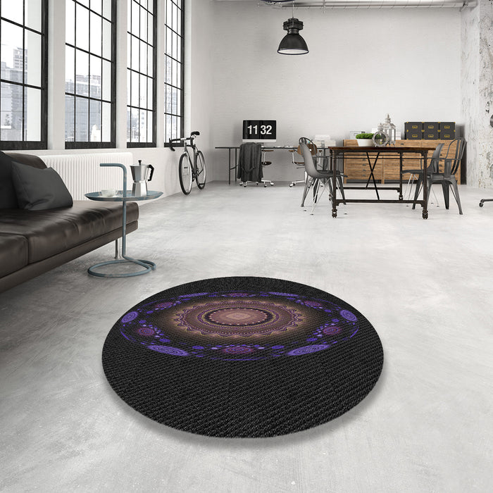 Round Machine Washable Transitional Black Rug in a Office, wshpat1382