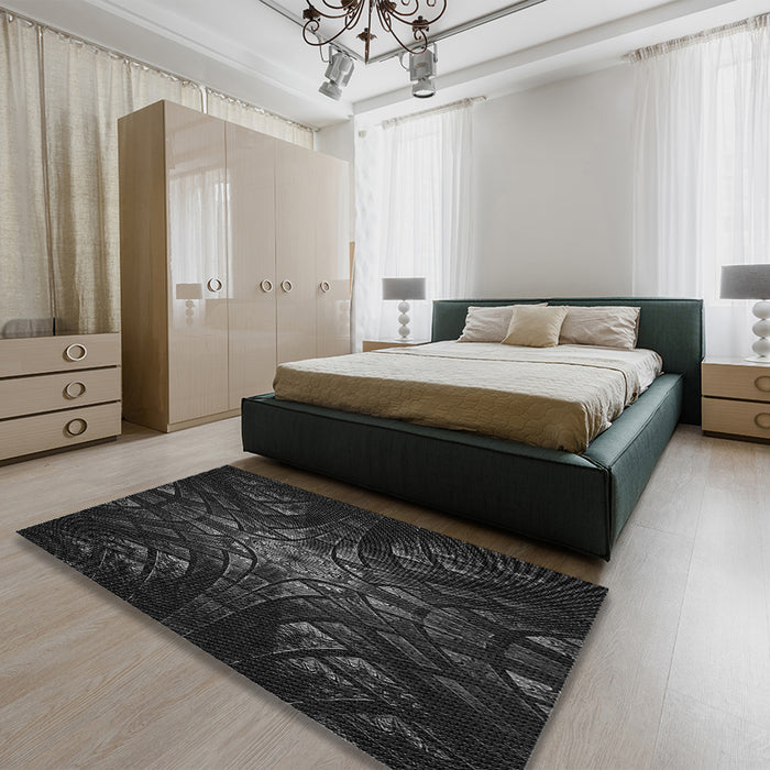 Round Machine Washable Transitional Black Rug in a Office, wshpat1383gry