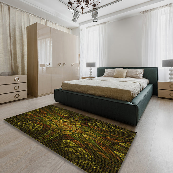 Patterned Dark Bronze Brown Rug in a Bedroom, pat1383yw