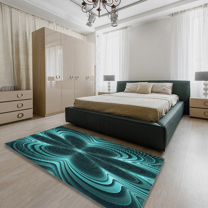 Patterned Deep Teal Green Rug in a Bedroom, pat1384lblu