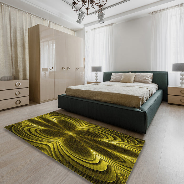 Patterned Black Brown Rug in a Bedroom, pat1384yw