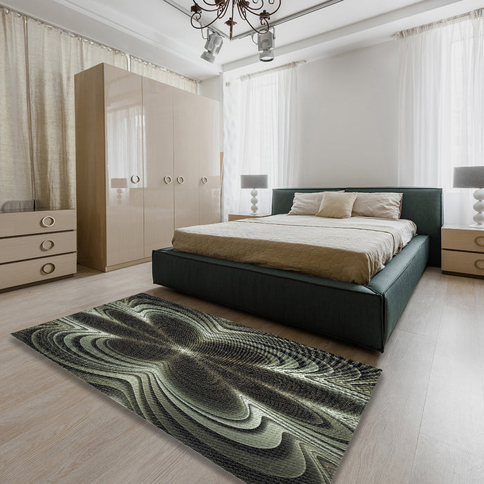 Patterned Khaki Green Novelty Rug in a Bedroom, pat1384